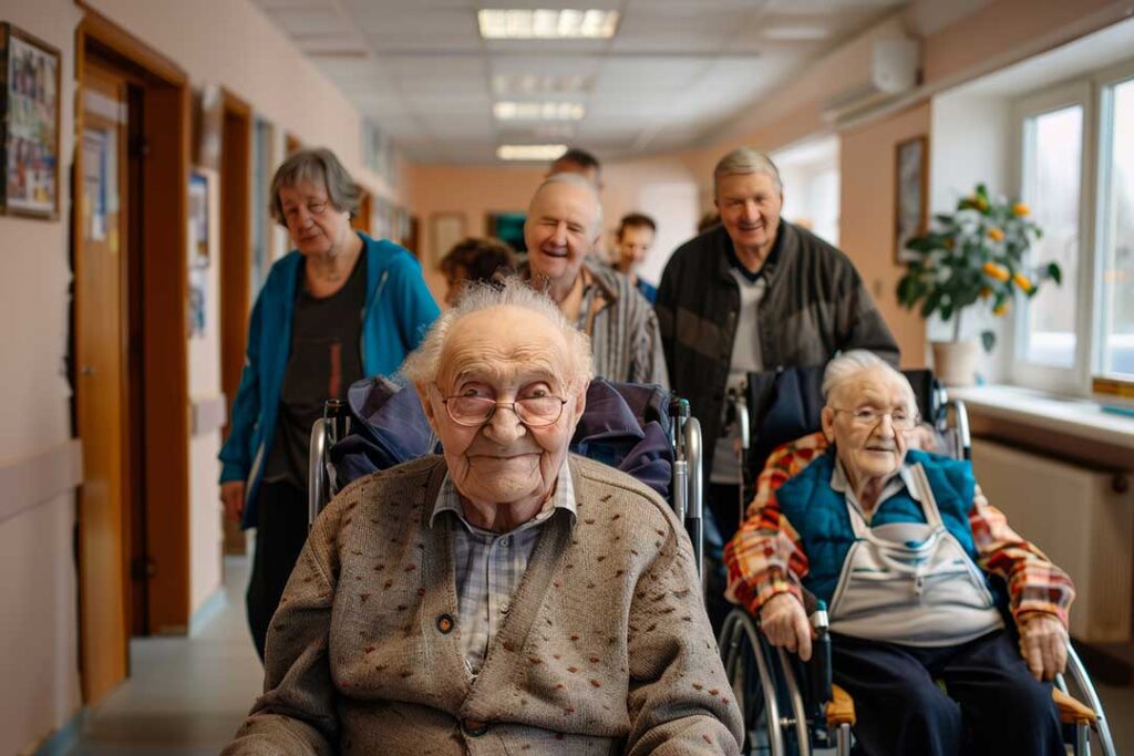An older adult and a caregiver sitting together at a table, looking at a photo album and smiling.